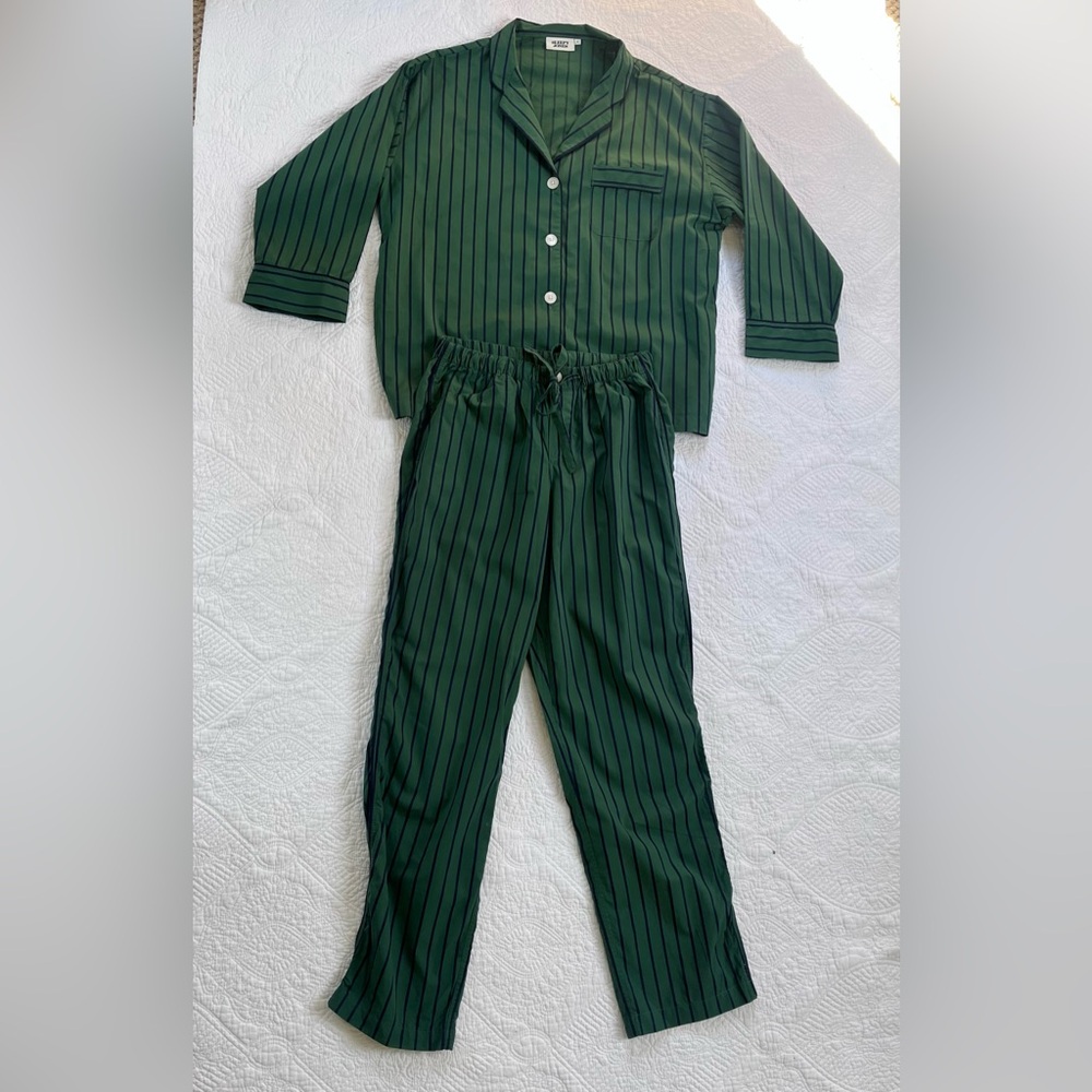 Sleepy Jones Marina Pajama Set Dark Green Black Stripe Piping Cotton Size Small